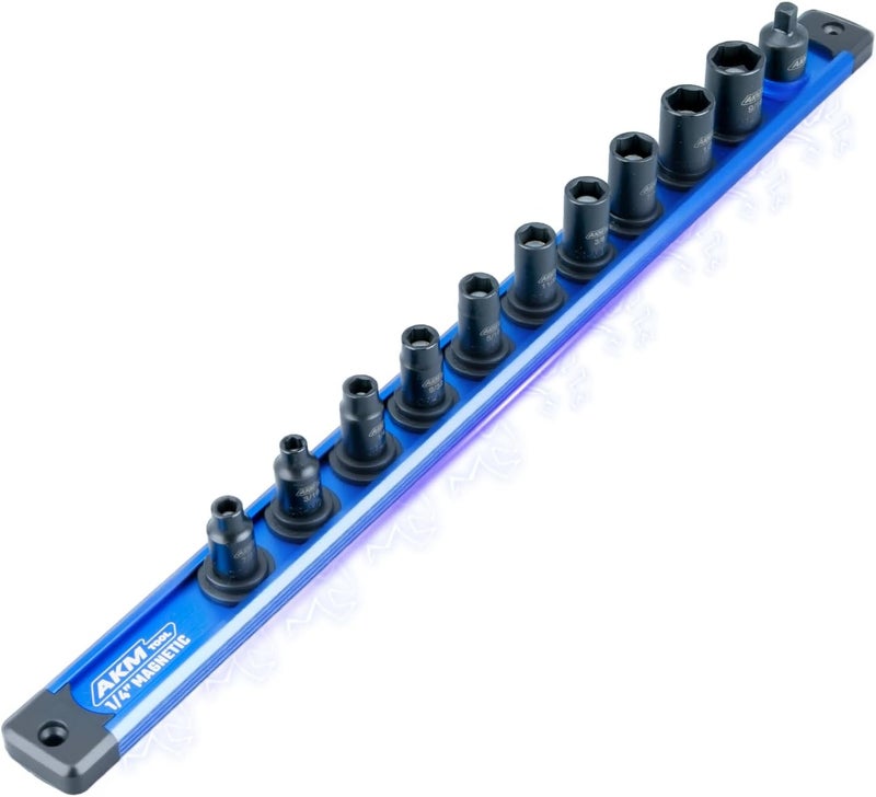 AKM TOOL 1/4 Inch Drive Magnetic Impact Socket Set, 11-Piece SAE, 7/32 Inch-9/16 Inch, 6 Point, Cr-Mo, Square Drive, Magnetic Sockets with Adapter, Rail - Image 1